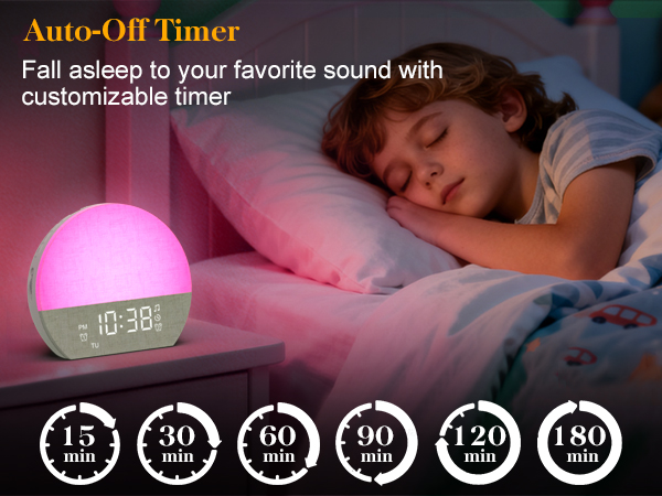 Text reads 'Auto-Off Timer' and 'Fall asleep to your favorite sound with customizable timer'. Pink LED alarm clock with timer duration options (5/10/15/30/45/60 min) displayed beside sleeping child.