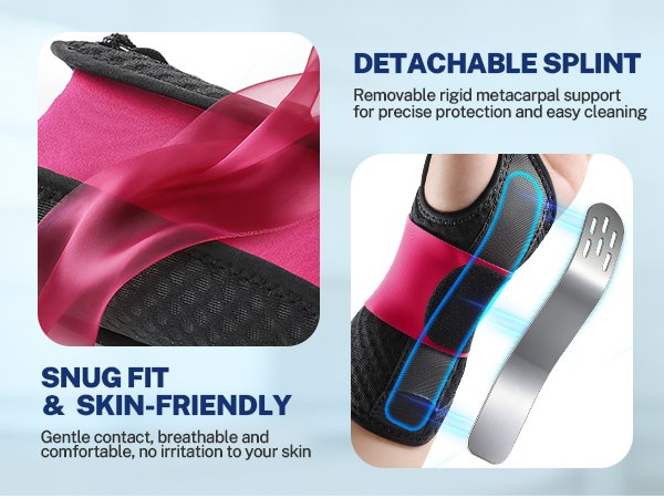 Text reads 'DETACHABLE SPLINT' and 'SAFE &amp; SKIN-FRIENDLY'. Product image shows multiple views of a wrist/hand support device with adjustable straps and detachable components.