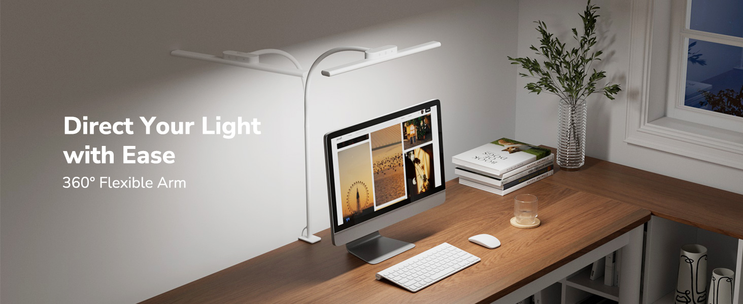 Text reads 'Direct Your Light with Ease'. Desk setup showing laptop, desk lamp, and office accessories with clear lighting demonstration.