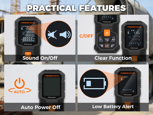 Text reads 'PRACTICAL FEATURES' showing interface icons: 'Sound On/Off', 'Clear Function', 'Auto Power Off', and 'Low Battery Alert' with corresponding symbols.