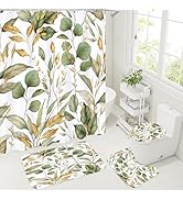 Litabel 4 Pcs Green Gold Plant Shower Curtain Set with Non-Slip Rugs, Botanical Toilet Lid Cover ...