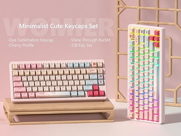 Pink Keycaps 60 65 75 100 Percent, Cute Japanese Keycaps with Shine Through