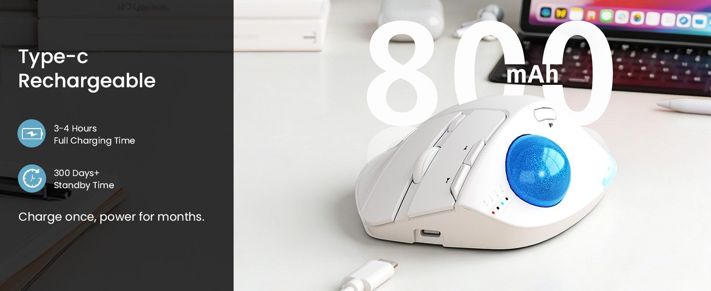 Wireless Trackball Mouse, Ergonomic Bluetooth Rechargeable Computer Mouse