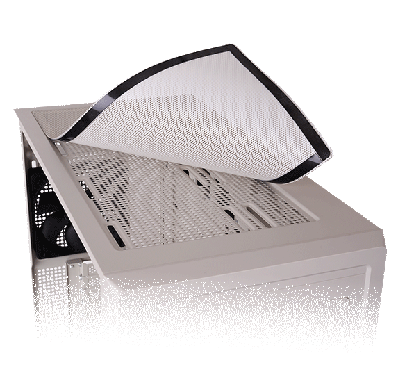 Animated demonstration of removable dust filters on Thermaltake Retro 360 case for easy cleaning and maintenance