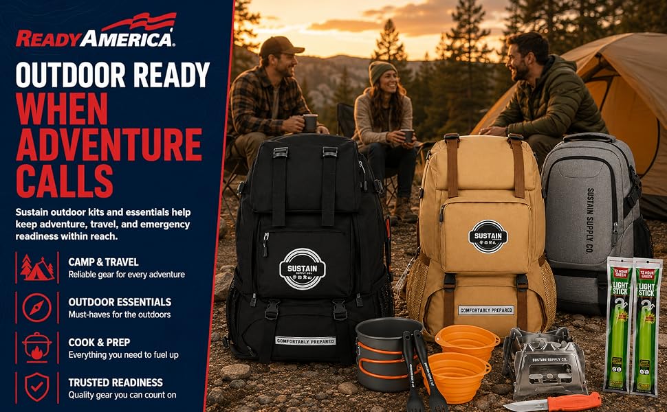 Sustain outdoor backpacks and camping essentials at a campsite, ready for travel and adventure