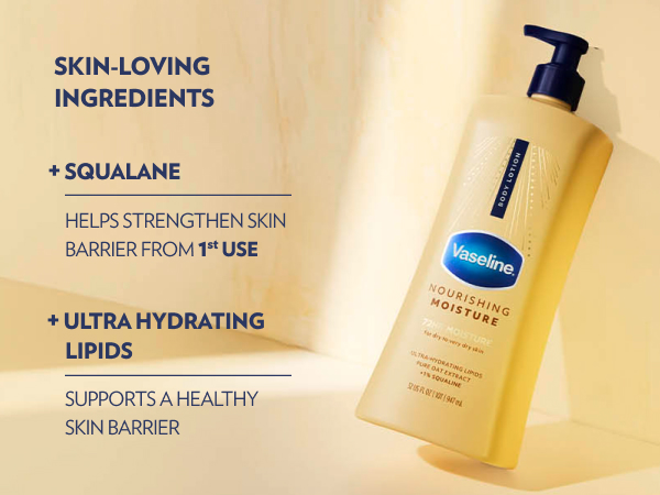 Pump lotion bottle next to list of benefits of Squalane and Ultra Hydrating Lipids.