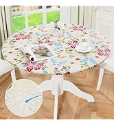 misaya Round Fitted Tablecloth with Elastic Edge, 100% Waterproof Oil Proof Plastic Table Cover, ...