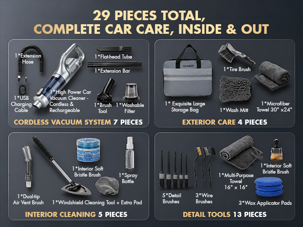 29 PIECES TOTAL,COMPLETE CAR CARE, INSIDE &amp;amp;OUT