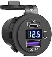 USB C Car Charger Socket, Qidoe 12V/24V Dual USB Outlet PD3.0 &amp; QC3.0 Car USB Port with LED Voltm...