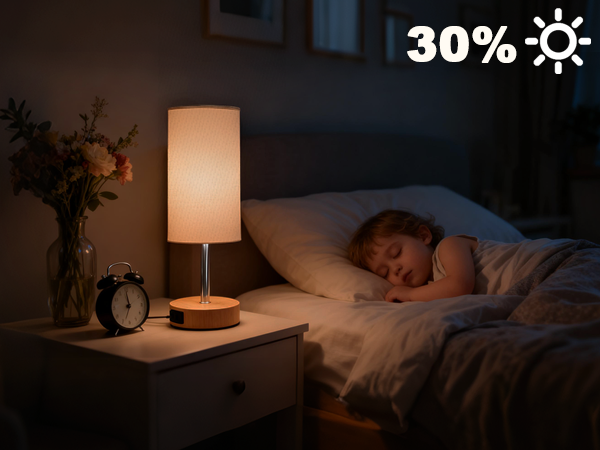 Text reads '30%'. Sequence showing bedside lamp in dark room creating ambient lighting, with warm glow illuminating bedroom space.