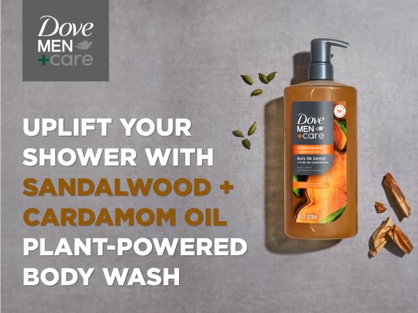 Dove Body Wash pump bottle on dark grey background with pieces of sandalwood and cardamon seeds.