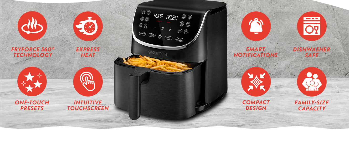 Sleek black and stainless steel 7-qt Gourmia air fryer oven with LED touchscreen / ergonomic handle