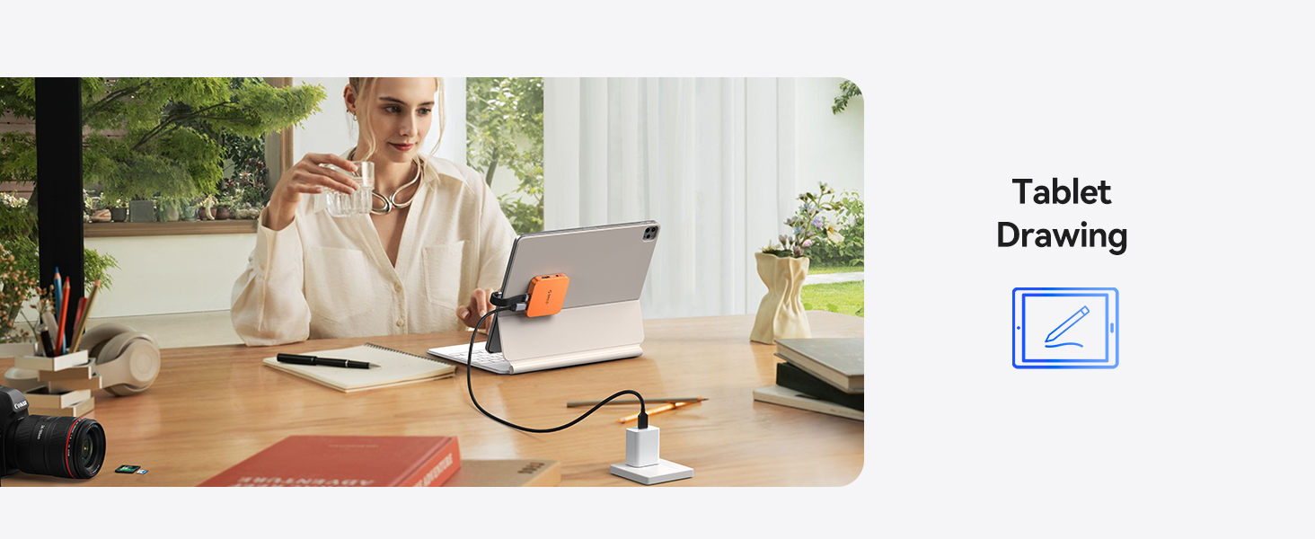 Text reads 'Drawing'. Multiple views of people using digital tablets or devices at desk settings, suggesting digital drawing or note-taking functionality.