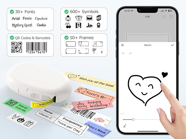 Label App: 40 fonts, 30 frames, 450+ icons for custom designs.