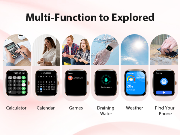 Android and iPhone compatible smartwatch with weather, music, calendar, alarms, and reminders