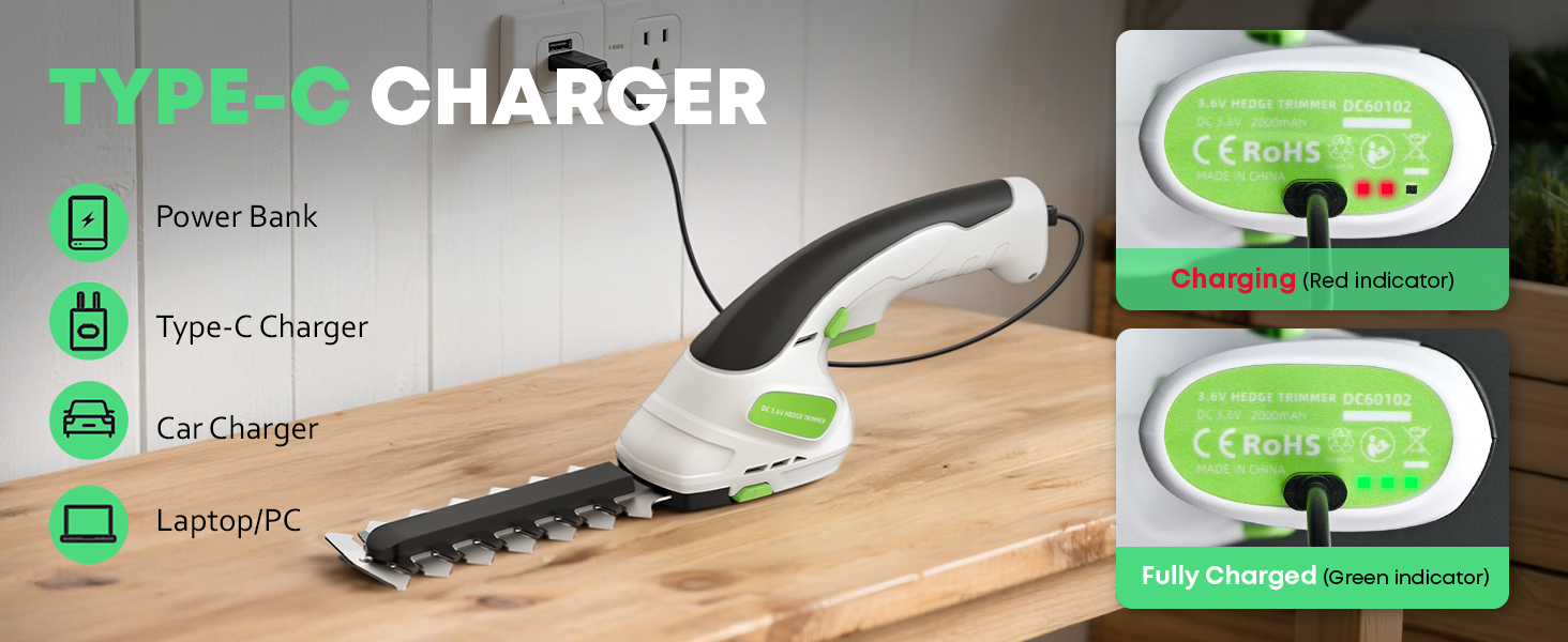 cordless shrub trimmer type-c charge