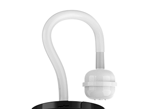 White curved hose or tube attached to a round connector, with a flat black base visible at the bottom of the image.