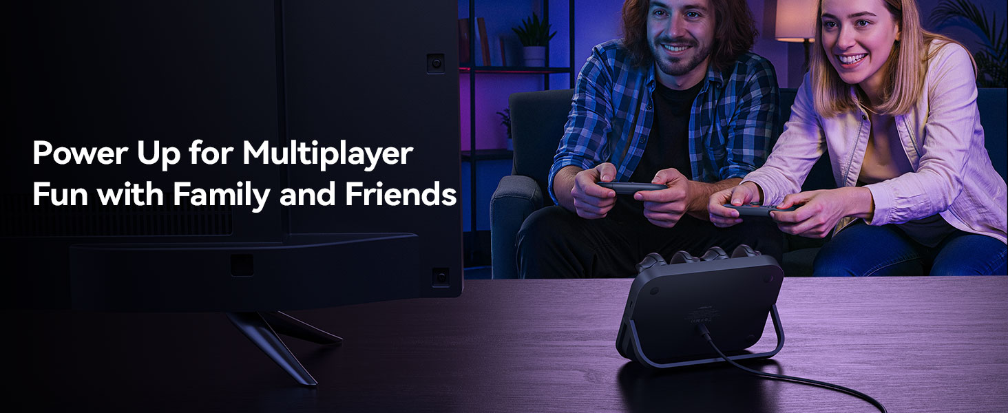 Gaming setup with multiple people holding controllers, text overlay reads 'Power Up for Multiplayer Fun with Family and Friends'