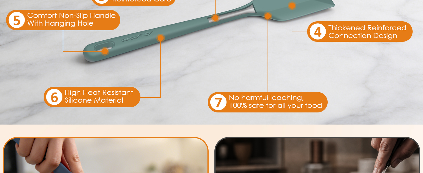 Silicone kitchen utensils with seamless design, reinforced steel core, and sturdy yet flexible heads
