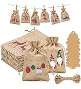 G2PLUS Christmas Drawstring Burlap Gift Bags, 24 Pack Christmas Advent Calendar Bags, 8 Designs B...