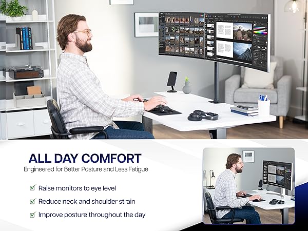 dual monitor mount adjustable desk stand clamp grommet tilt swivel rotate ergonomic setup