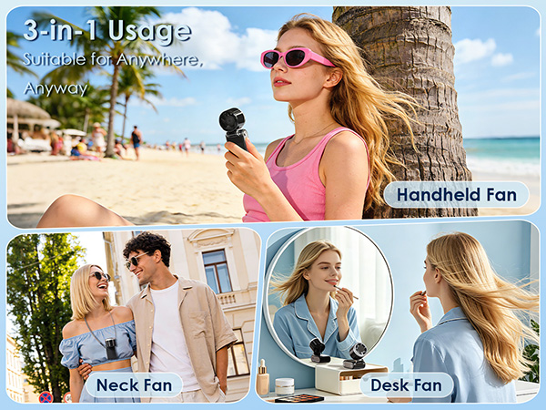 Text reads '3-in-1 Users' with labeled applications: 'Handheld Fan', 'Neck Fan', and 'Desk Fan'. Four photos show woman using portable cooling device in different configurations outdoors and indoors.