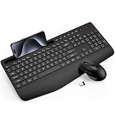 Wireless Keyboard and Mouse Combo - Full-Sized Ergonomic Keyboard with Wrist Rest, Phone Holder, ...