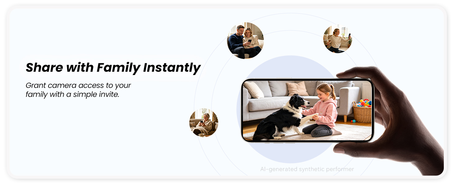 smartphone displaying live view of a girl and a dog, with slogan &amp;#34;share with family instantly&amp;#34;&amp;#34;