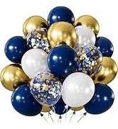 Navy Blue and Gold Confetti Balloons,12 Inch 60pcs Pearl White and Metallic Gold Latex Balloons f...