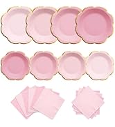 Pink Plates and Napkins Party Supplies for 20 Guests, Pink Scalloped Paper Plates with Gold Rim, ...