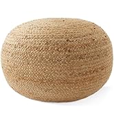 Casafield Hand-Braided Jute Pouf Ottoman Footrest, 19" Round x 10-1/2" High, Natural Woven Boho F...
