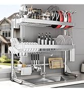 Over The Sink Dish Drainer Drying Rack 3 Tier, Full Stainless Steel Dish Drying Rack Adjustable L...