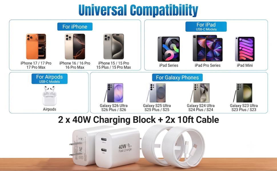 TT&amp;amp;C 40W dual USB-C charger, fixed plug, two 10ft cables for iPhone 17 and Galaxy S26