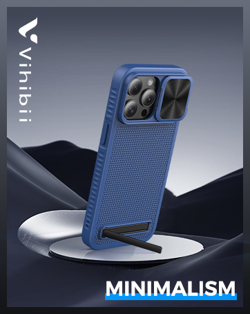 Blue smartphone case with multiple camera cutouts and a kickstand, displayed on a metallic surface against a dark background.