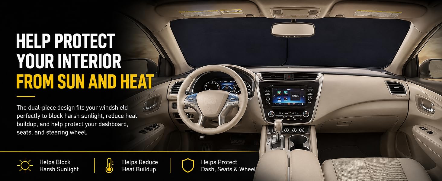 Two-piece windshield sunshade helps block sunlight, reduce heat, and protect car interiors.