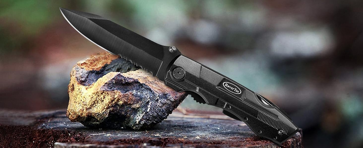 Stainless steel multitool knife with black oxide finish and non-slip aluminum handle