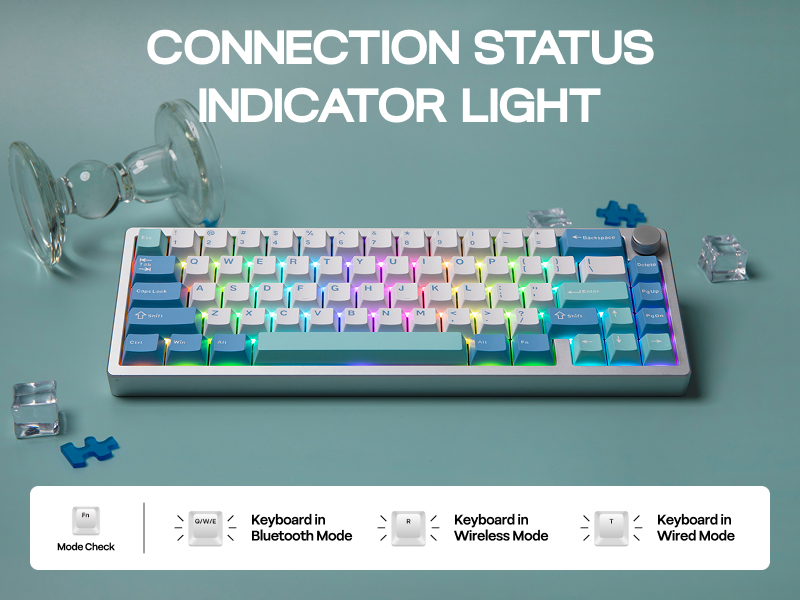 Compact keyboard with colorful RGB backlit keys and connection status indicator light. Multiple connection modes shown: Multi-device, Bluetooth, Wireless, and Wired.