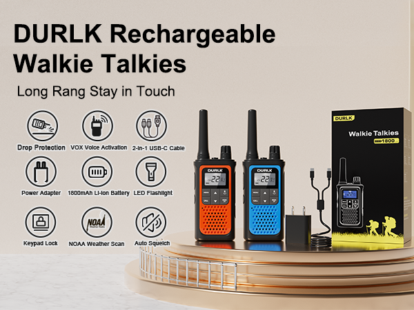DURLK 2 pack walkie talkies for adults in blue orange with adapter cables and box