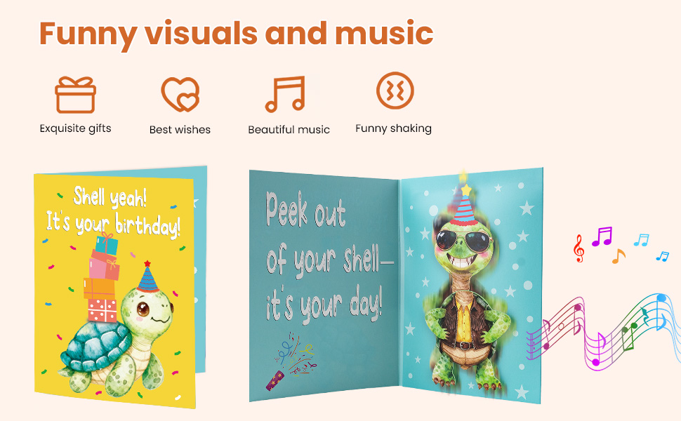 An opened funny musical turtle pop-up birthday card