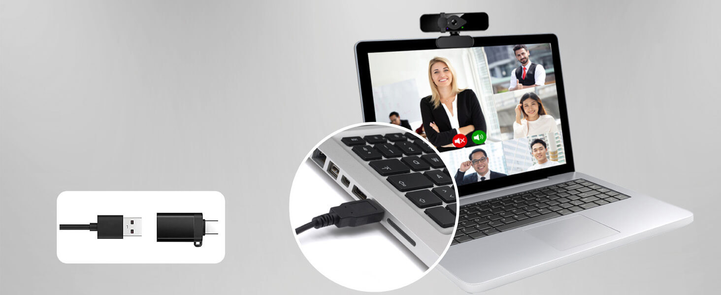 2K Webcam USB C Connection, plug and play video camera for pc computer, with a USB-C Adapter for Mac