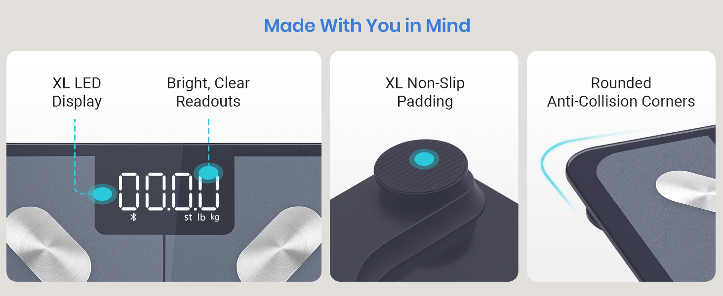 XL LED display, bright clear readouts, XL non-slip padding and rounded anti-collision corners