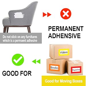Instruction image showing adhesive use. Gray chair with white patch, red X for 'Permanent Adhesive'. Green checkmark for cardboard boxes labeled 'Videos', 'Books', 'Magazines'. Text: 'Good for Moving Boxes'.