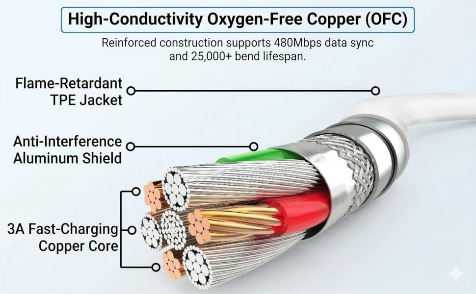 USB C Cable Internal Parts, Oxygen Free Copper Core, 3A Fast Charge Shielded Type C Charging Cord
