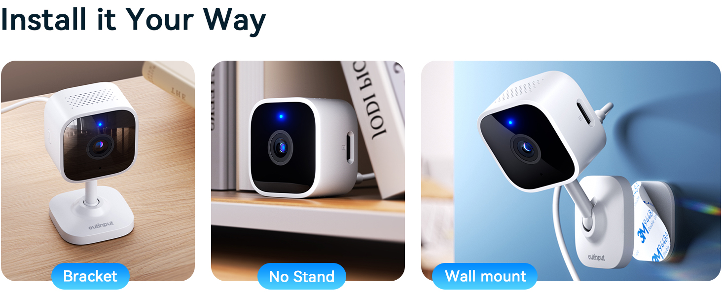 Three installation options for a compact white security camera: bracket-mounted on a surface, freestanding without a stand, and wall-mounted. Text reads 