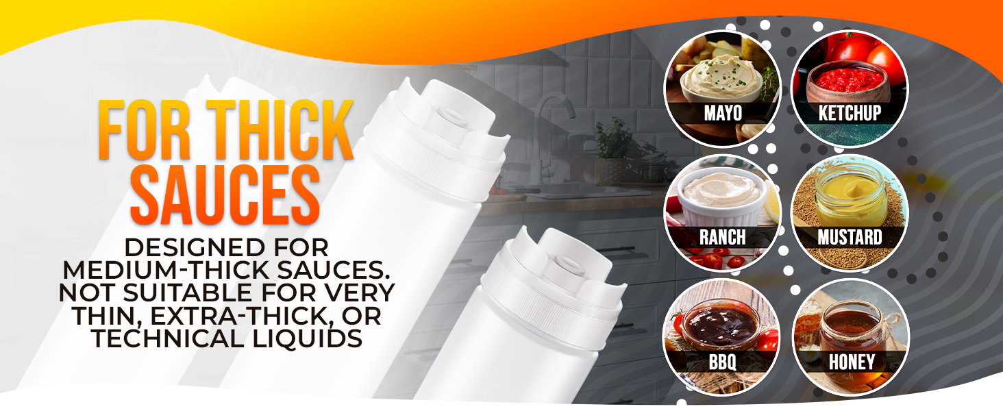 plastic squeeze bottles close-up shows top caps, clear lid, and sauce-filled bottle