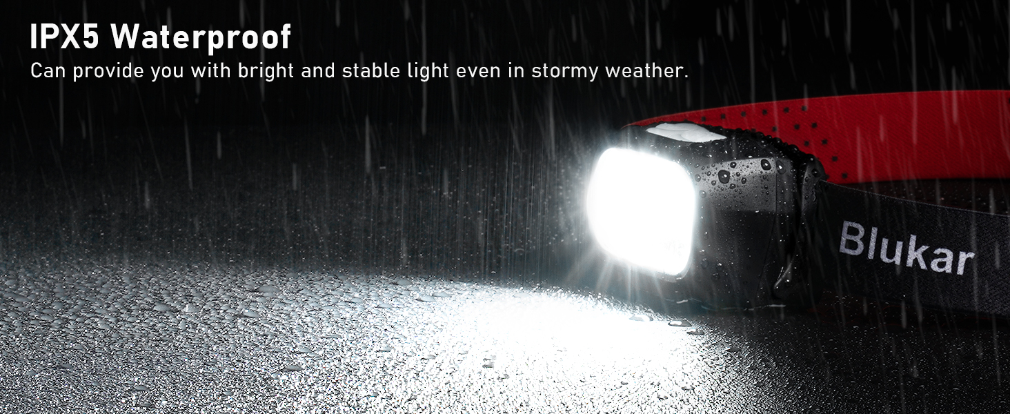 IPX5 waterproof LED light demonstration in rain, showing bright beam cutting through water droplets against dark background.