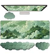 Green Cloud Mouse Pad and Keyboard Wrist Rest 4PCS Extended Forest Aesthetic Large Desk Mat Pad S...