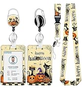 Halloween Pumpkin ID Badge Holder with Lanyard, Black cat Lanyards for ID Badges,Badge Reels Retr...