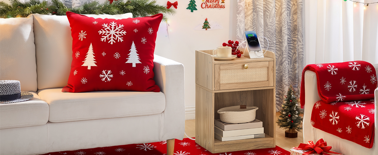 Nightstand with Charging Station, Side Table with Rattan-Style Drawer and Storage Shelf