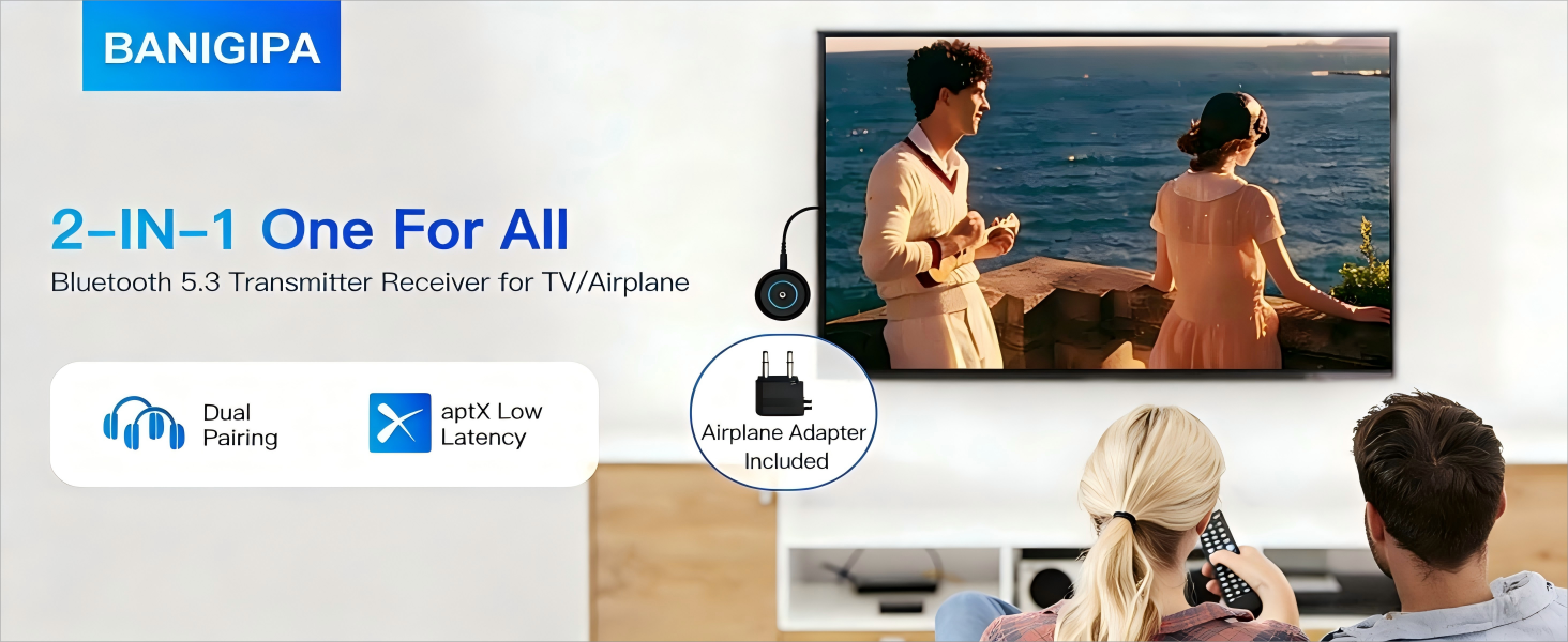 Bluetooth Transmitter Receiver for TV Airplane Home Stereo Wireless Adapter Low Latency Dual Link
